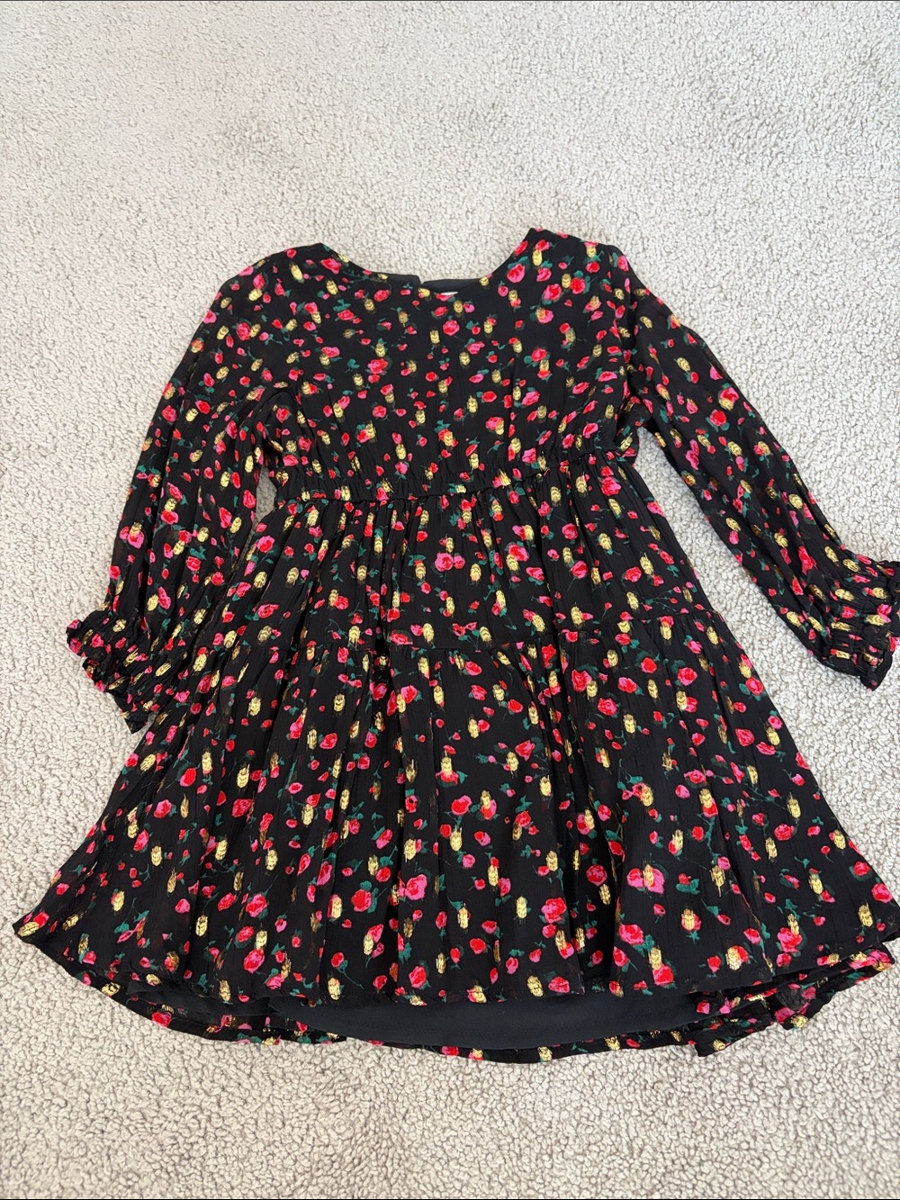 J. Crew Black Floral Long-Sleeve Twirl Dress with Red and Green Print